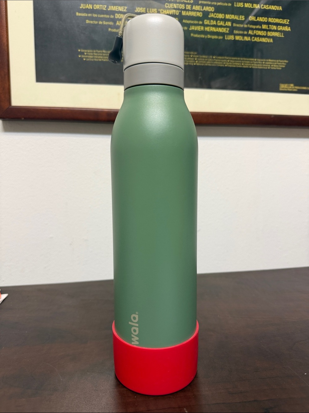 Owala 24 oz Insulated Green Water Bottle with Red Base and Gray Cap